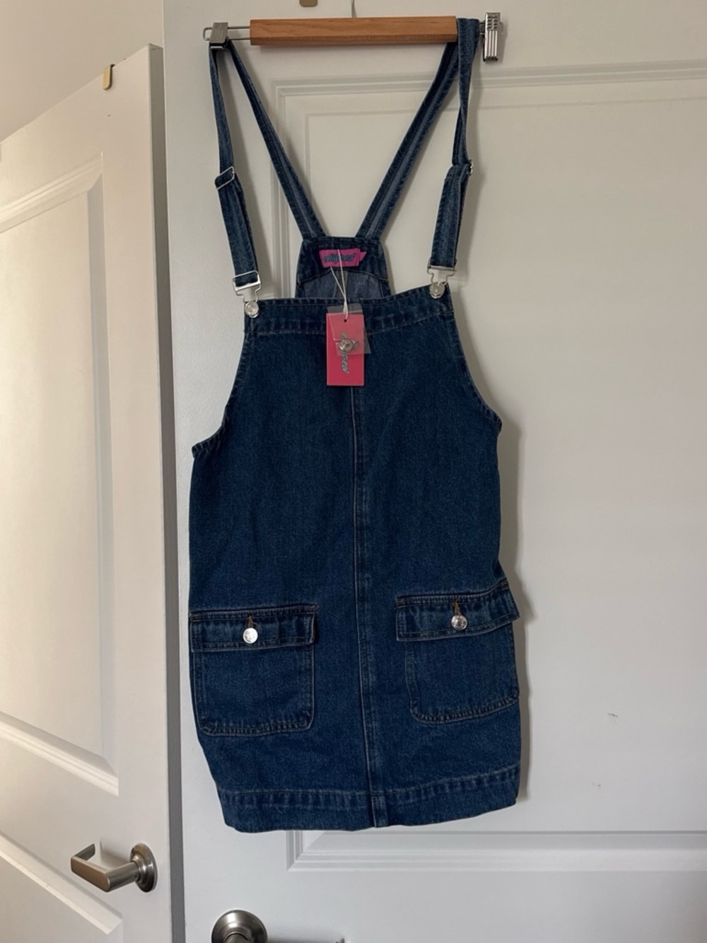 Edikted Dark Blue Denim Pinafore Mini Dress